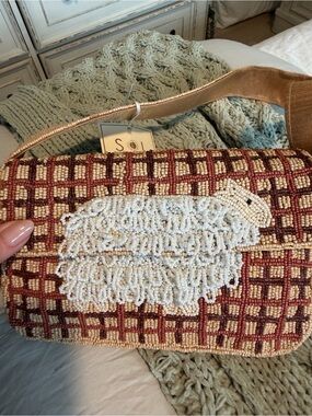 SO Beaded burgundy and Cream Check Shoulder Bag with Lamb Applique